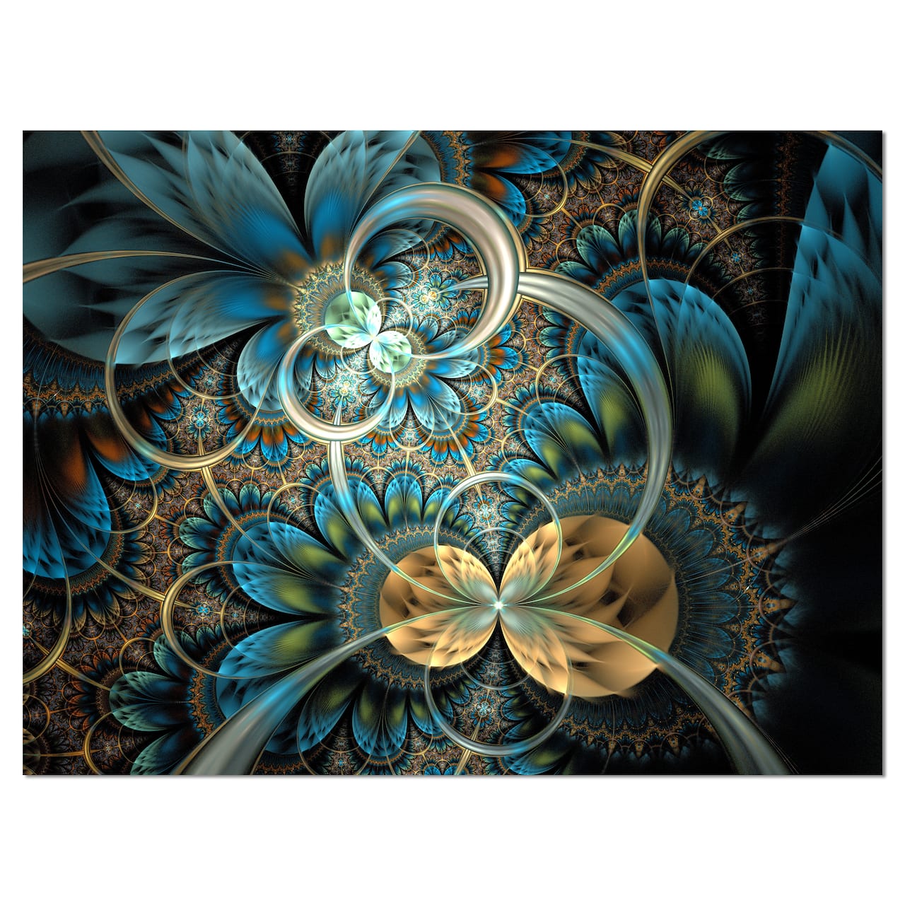 Designart - Symmetrical Blue Gold Fractal Flower - Abstract Print On Canvas